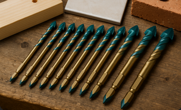 Tungsten carbide masonry drill bits laid out on a DIY workbench with wood, tile, and brick pieces in the background.