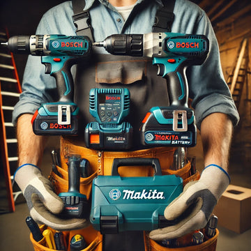 Tradesperson holding Makita tool case and wearing tool belt with Bosch and Makita power tools in a workshop setting