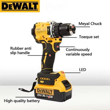 DeWalt drill with labeled features on a white background