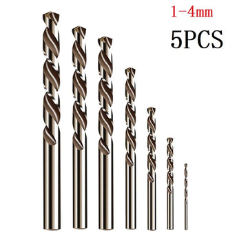 set of 5 hss cobalt drill bits ranging from 1mm to 4mm ideal for precision drilling in metal wood and plastic