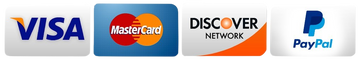 Accepted payment method icons including Visa, MasterCard, Discover Network, and PayPal on transparent background