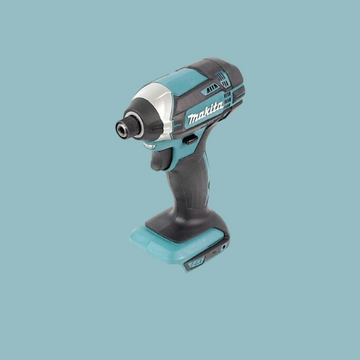 Makita cordless impact driver in teal and black design on light blue background, shown without battery attached