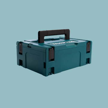 Makita Makpac tool storage case with black handle and latching clips on teal background