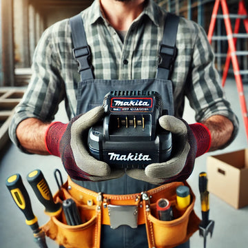 Construction worker holding a Makita battery charger in gloved hands with tool belt in workshop setting
