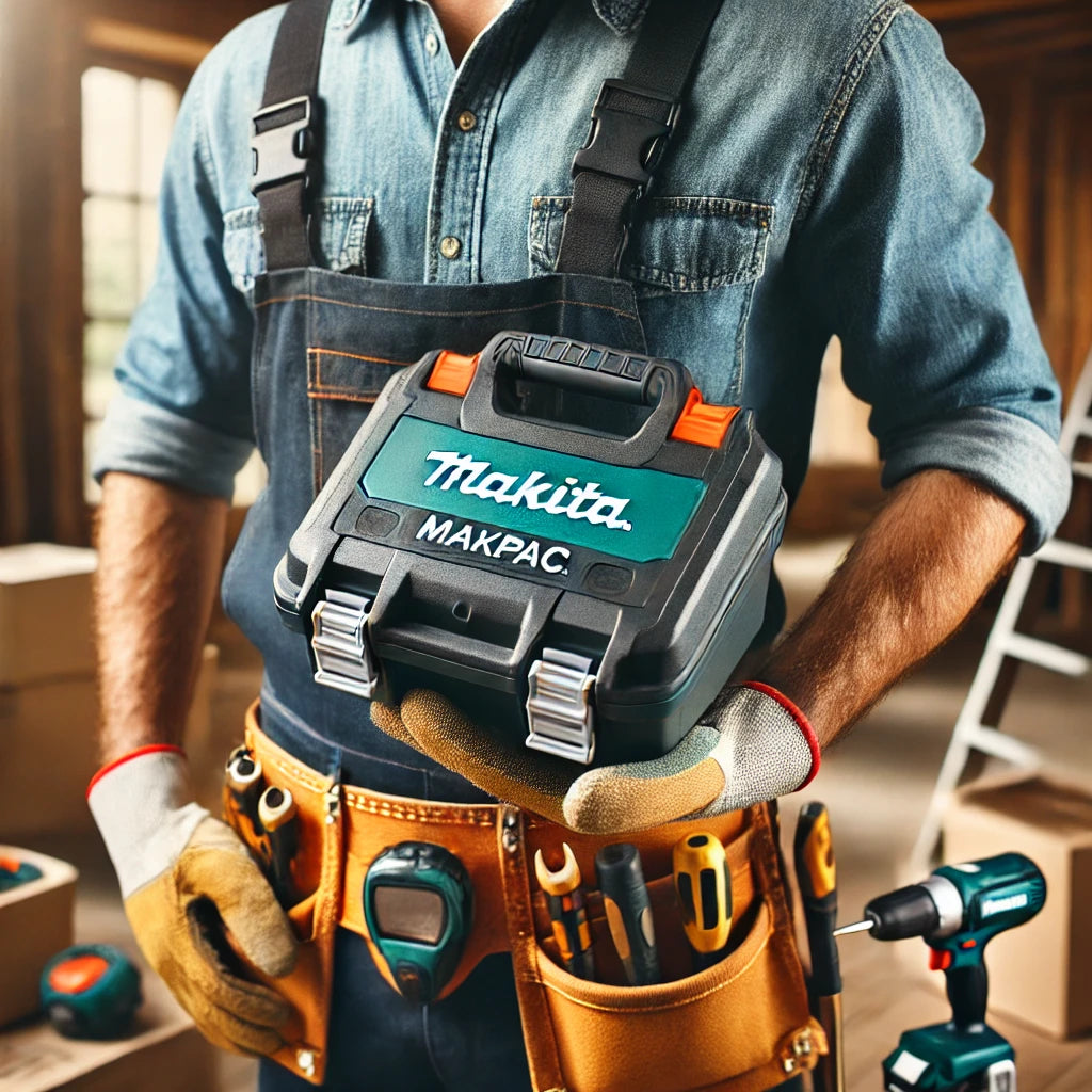 DIYer wearing tool belt and gloves holding a Makita Makpac tool case in a home workshop setting
