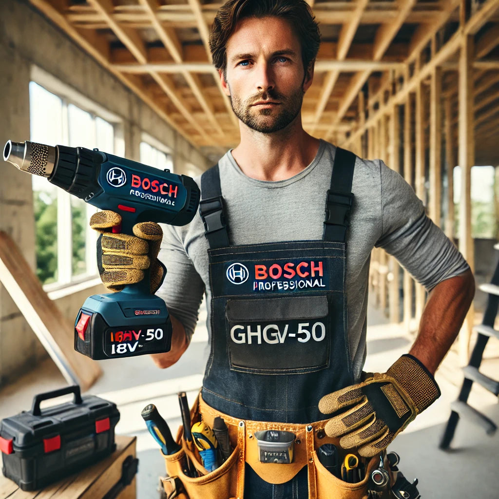 Builder in a timber frame construction site holding a Bosch Professional 18V drill while wearing branded overalls and a full tool belt