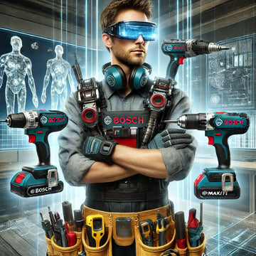 Futuristic DIY worker wearing smart goggles and tool vest, surrounded by floating Bosch power drills in a high-tech workshop