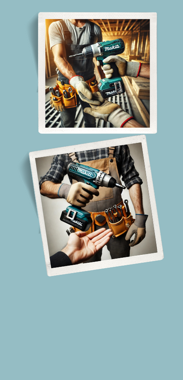 Two DIY workers in construction settings handing over Makita cordless drills, both wearing tool belts and gloves