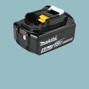 Makita 18V 5.0Ah lithium-ion power tool battery with charge level indicator on teal background